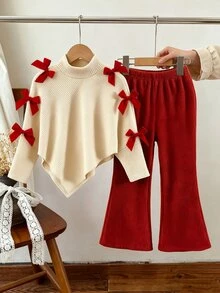 SHEIN Elladie kids 女童 2 件組秋季套裝，領口長袖不對稱下擺上衣，飾有棕紫色蝴蝶結，搭配長褲，返校穿搭衣著 - 彩色 - 查看 6