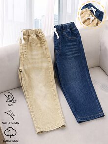 SHEIN Young Boy 2 Packs AllSeason Washed Denim Decorative Drawstring Pants Autumn Winter Holiday Outdoor Casual Kids Trousers - Multicolor - View 1