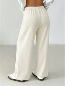SHEIN PETITE 女款純色抽繩腰鬆軟針織寬鬆休閒長褲，秋冬款，寬腿褲 - 杏色 - 查看 3