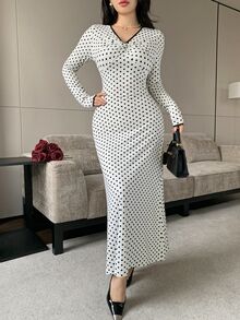 Feyla Women's French Polka Dot Print Pleated V-Neck Dress - White - View 5