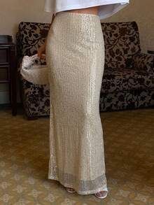 DAZY Nude Fine Sequin Elastic Waist Fully Lined Fashion Skirt - Gold - View 3