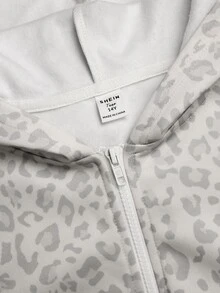 SHEIN 青少年女孩淺灰色豹紋馬標誌織帶連帽運動衫外套 秋/冬 - 淺灰色 - 查看 6