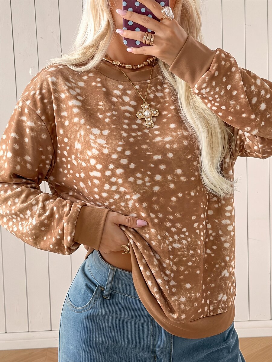 SHEIN EZwear 女款時尚百搭棕色鹿紋長袖圓領運動衫,適合返校季、教師畢業、秋季休閒、大學風、早午餐等場合 - 彩色 - 查看 1