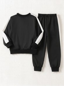 Genkimix Kids 2pcs/Set Boy Casual Sports Street Style Graphic Tricolor Striped Sweatshirt + Pants, Suitable For Daily Wear, School, Travel, Sports, Spring/Autumn, - Black - View 2