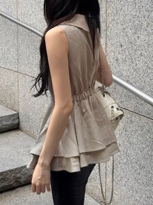 FRIFUL Women's Houndstooth Double-Breasted Lapel Sleeveless Blouse - Khaki - View 6