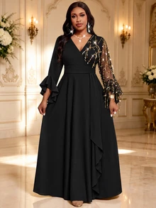 SHEIN Lady Plus Size Exquisite Sequin Tassel Ruffle Cuff Dress Fall - Black - View 3