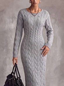 SHEIN فستان ضيق برقبة دائرية متعدد الاستخدامات محبوك بالكابلات بأكمام طويلة - رمادي - مشاهدة 5