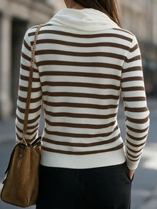 SHEIN Holidaya Women Draped Cowl Neck Knit Sweater, Autumn Slim Long Sleeve Basic Undershirt - Multicolor - View 2
