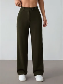SHEIN PETITE 女款休閒百搭鈕扣長褲，適合日常穿著與辦公室通勤 - 墨綠色 - 查看 6
