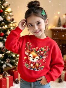 Christmas Girls Cartoon Cute Reindeer Gingerbread Man Decorative Pattern Printed Round Neck Sweatshirt Fall Outfits - Red - View 3