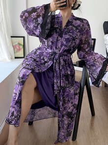 SHEIN 成熟優雅緞面細肩帶洋裝 花卉圖案網紗晨袍 大尺碼睡衣 2件套 - 黃色 - 查看 5