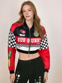 LOONEY TUNES X SHEIN Women's Letter Pattern Colorblock Casual Daily Long Sleeve Jacket - Red - View 4