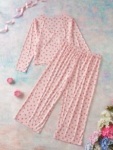 Elorette Plus Size Women's Cherry Print Bow Decor Long Sleeve Top And Pants Pajama Set - White - View 2