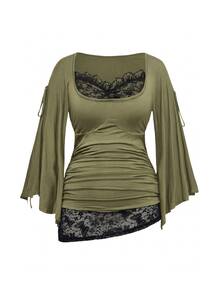 ROMWE Goth Plus Size Loose Cowl Neck Cinched Waist Batwing Sleeve Lace Women's T-Shirt - Green - View 1