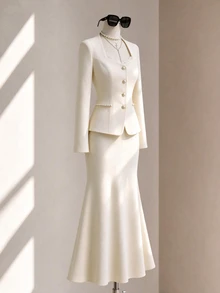 SHEIN Autumn/Winter Long Sleeve Business Commute Wedding Banquet Party Elegant Formal Rhinestone Button Cinched Waist Ruffle Hem Blazer & Slit Fishtail Skirt Set, Beige, Elegant Romantic Women's 2 Pieces Set - Apricot - View 3