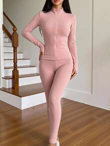 SHEIN EZwear 秋冬抓絨內裡拉鍊夾克與內搭褲休閒兩件套 - 粉色 - 查看 4