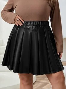 SHEIN CURVE+ 大尺碼優雅百褶PU材質迷你裙 秋季 - 黑色 - 查看 3