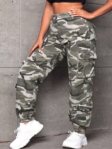 SHEIN SXY 大尺碼迷彩印花鈕扣收口工裝牛仔褲 - 彩色 - 查看 4