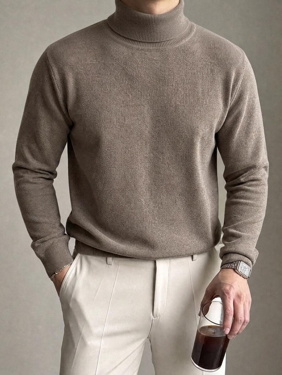DAZY Spring/Autumn Solid Brown Textured Knit High Neck Fitted Base Layer Commute Korean Style Long Sleeve Men's Sweater - Grey - View 1