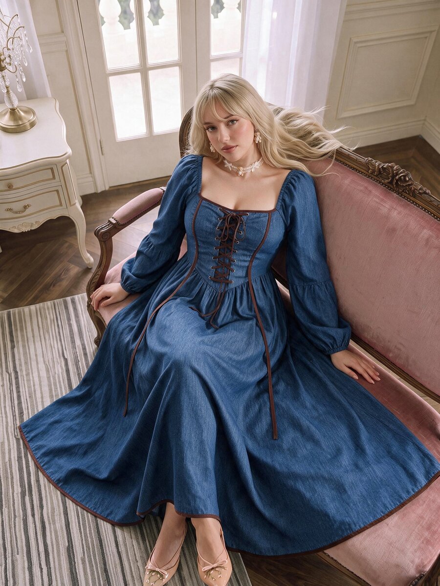 Lyrianda Plus Size Denim Effect Cinched Waist A-Line Dress - Royal Blue - View 1