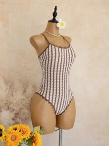 SHEIN SunnyBelle بدلة سباحة قطعة واحدة صفراء لطيفة لعطلة الصيف على الشاطئ، بطبعة حياة المحيط وألوان متباينة، بحمالات رفيعة وظهر مكشوف وقصة عالية ومثلثة ضيقة - بني - مشاهدة 4