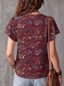 Everyssa Bohemian Pastoral Floral Ruffle Hem Short Sleeve Blouse, Slouchy Distressed Print Slimming Top - Multicolor - View 2