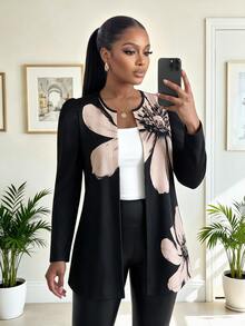 SHEIN Lady CURVE 大尺碼優雅花卉印花長袖夾克 - 彩色 - 查看 5