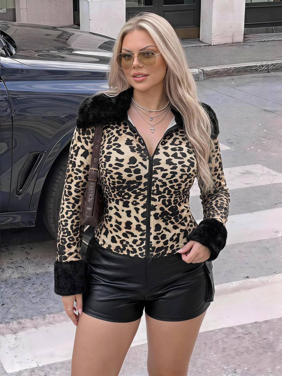 SHEIN ICON 大尺碼女款豹紋抓絨拼接休閒日常長袖上衣 - 彩色 - 查看 1