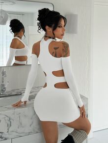 EgrlEra Women's Sexy Hot Girl Style White Rhinestone Long Sleeve Cold Shoulder Bodycon Dress - White - View 2