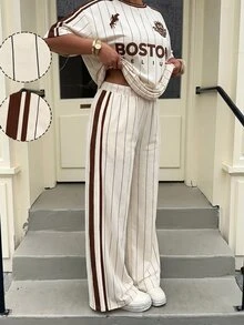 SHEIN EZwear 杏色休閒大尺碼字母條紋短袖T恤與長褲套裝 - 杏色 - 查看 1