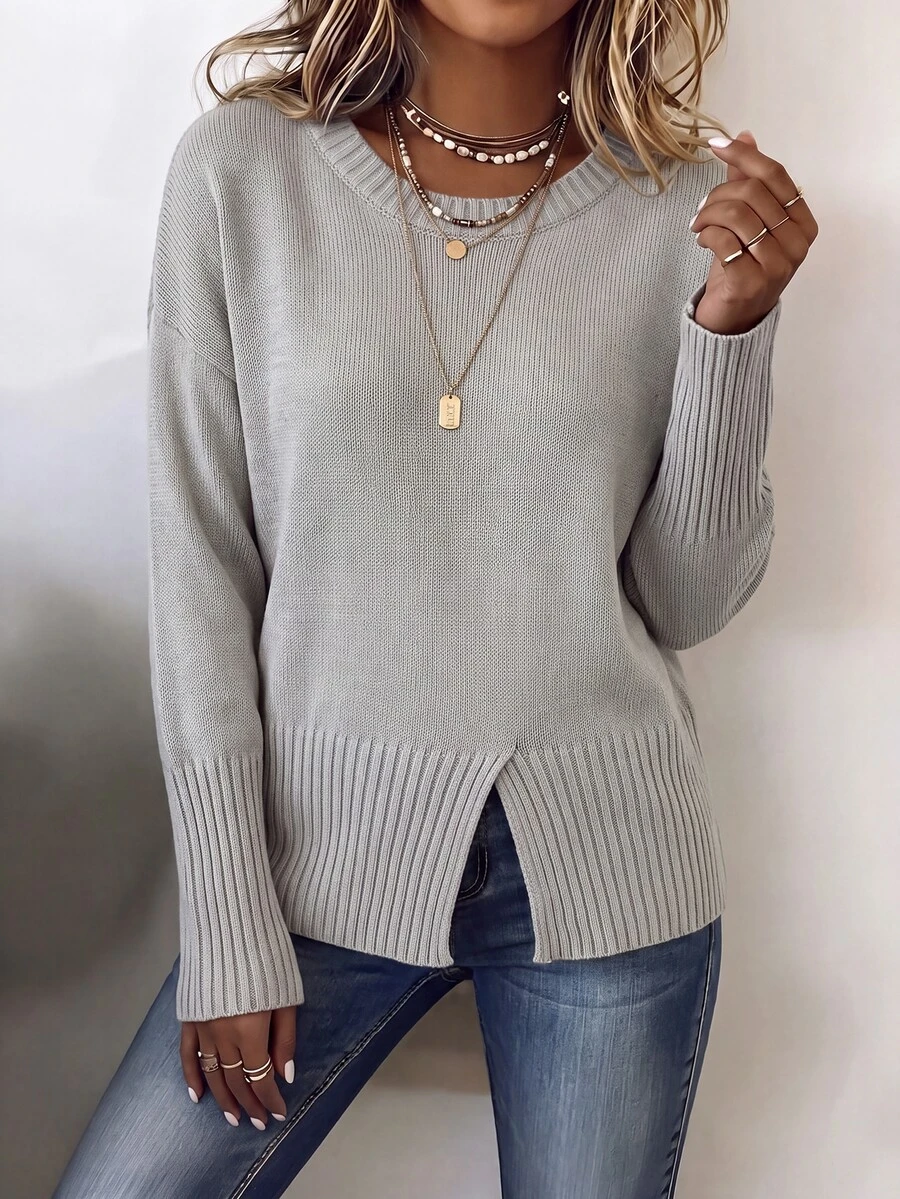 SHEIN Women's Casual Slouchy Light Gray Crew Neck Short Pullover ...