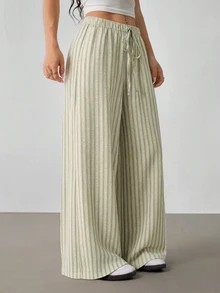 SHEIN PETITE Women's Striped Drawstring Waist Casual Daily Long Pants - Mint Green - View 6
