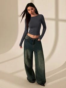 SHEIN PETITE 露背蕾絲拼接女款T恤上衣，性感約會穿搭，適合夏季 - 深灰色 - 查看 3