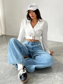 SHEIN EZwear 女款缺口領前開鈕扣長袖短款風衣，適合秋冬日常休閒穿著 - 白色 - 查看 5