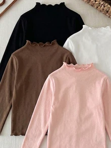 SHEIN Vintaside Kids 4件組少女針織花卉條紋印花荷葉領休閒長袖T恤上衣，適合秋冬穿著，返校季 - 彩色 - 查看 4