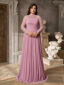 Serin Elegant Luxurious Stretch Lace Patchwork Decor With 3D Pleats, Floor-Length A-Line Formal Evening Gown For Vacation, Party, Birthday, Gala And Formal Occasions (Intricate Design) - Pink - View 4