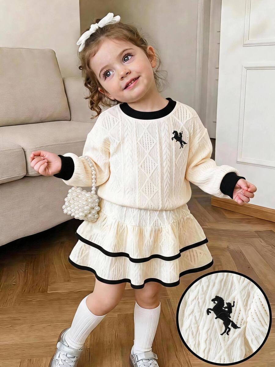 SHEIN Baby Girl Knit Colorblock Crew Neck Casual Sweatshirt & Skirt 2 Pieces Set - Beige - View 1