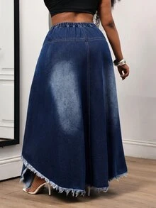 Slaydiva Plus Size Sexy Button Pocket Frayed Hem Denim Skirt - Blue - View 2