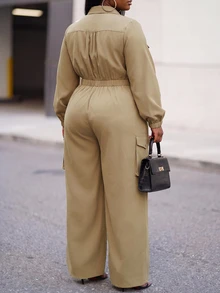 Slaydiva Plus Size Functional Style Cargo Jumpsuit, Long Sleeve Front Zipper Multi-Pocket Loose Streetwear One-Piece - Khaki - Khaki - View 3