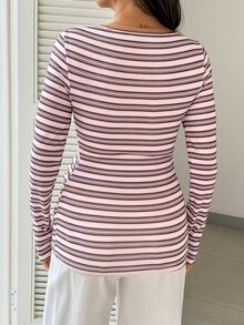 SHEIN Maternity Casual Striped Colorblock Long Sleeve Daily T-Shirt - Pink - View 2