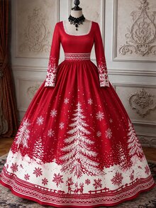 Rometta Plus Size Women's Elegant Christmas Snow Red Long Party Banquet Dress - Merry Berry - View 1