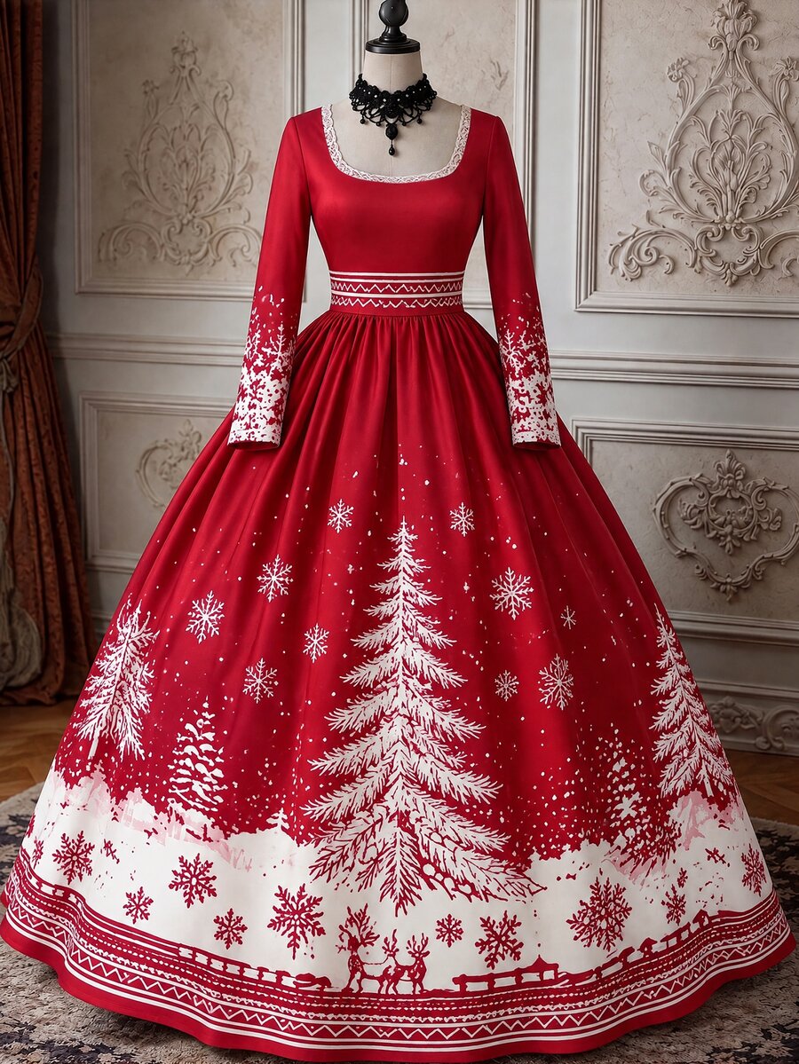 Rometta Plus Size Women's Elegant Christmas Snow Red Long Party Banquet Dress - Merry Berry - View 1