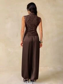 SHEIN Tall Setelan Blazer Kasual Wanita dengan Kancing Depan - Coklat - View 2