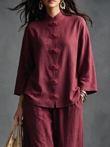 Linhara CURVE Plus Size Women's Burgundy Chinese Style Modified National Style Outfit, Loose Drop Shoulder Frog Button Top And Flowy Wide Leg Pants Commuter Set - Burgundy - View 6