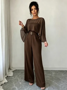 SHEIN Raffinéa 女款純色船領短版上衣與細肩帶寬腿連身褲優雅套裝 - 棕色 - 查看 5