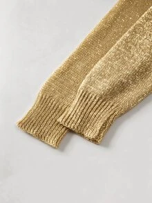 SHEIN 秋冬拼接配色V領針織毛衣，對比撞色長袖寬鬆上衣 - 杏色 - 查看 3