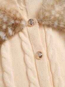 Sweetra Sweet Cool Style Leopard Print Faux Fur Collar Cable Knit Cardigan - Beige - View 3