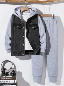 青少年男孩 2件套休閒現代時尚拼接夾克與長褲，適合秋冬日常穿著 - 灰色 - 查看 1