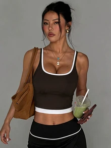 Slayform Slayform Women's Sports Yoga Outdoor Gym Tank Top With Adjustable Shoulder Straps And Contrast Color - Brown - View 5