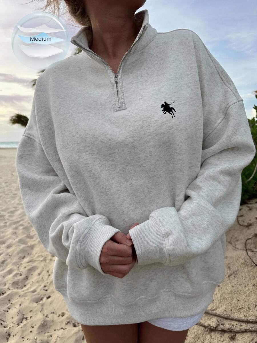 SHEIN EZwear sweat-shirt femme gris ample à col montant et demi-zip, style décontracté vintage, style universitaire rétro américain, convient pour l'automne/l'hiver, style vintage, style sexy, style mignon Y2K, style bohème hippie, festival de musique - Gris - Voir 1